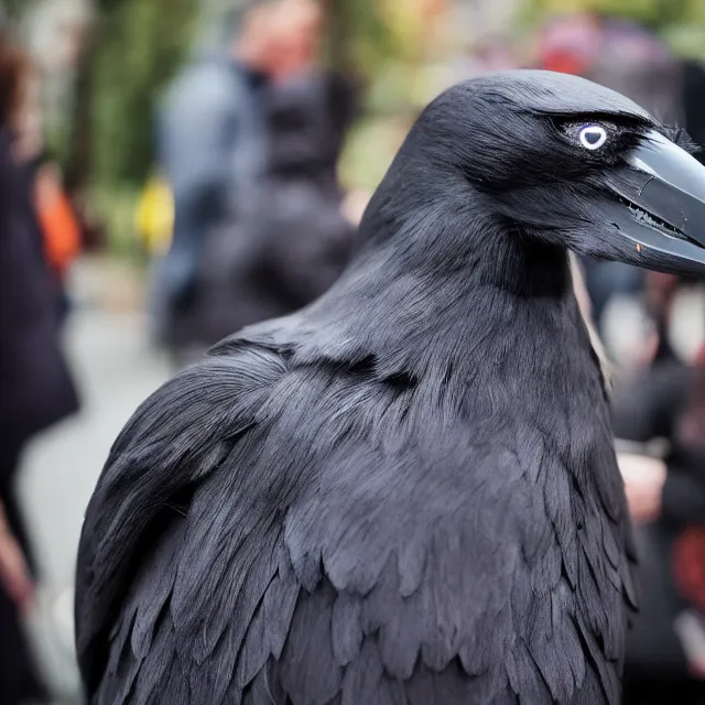 Image similar to a person wearing a fursuit of a crow fursona, fursona, photograph, furry fandom, photorealistic,