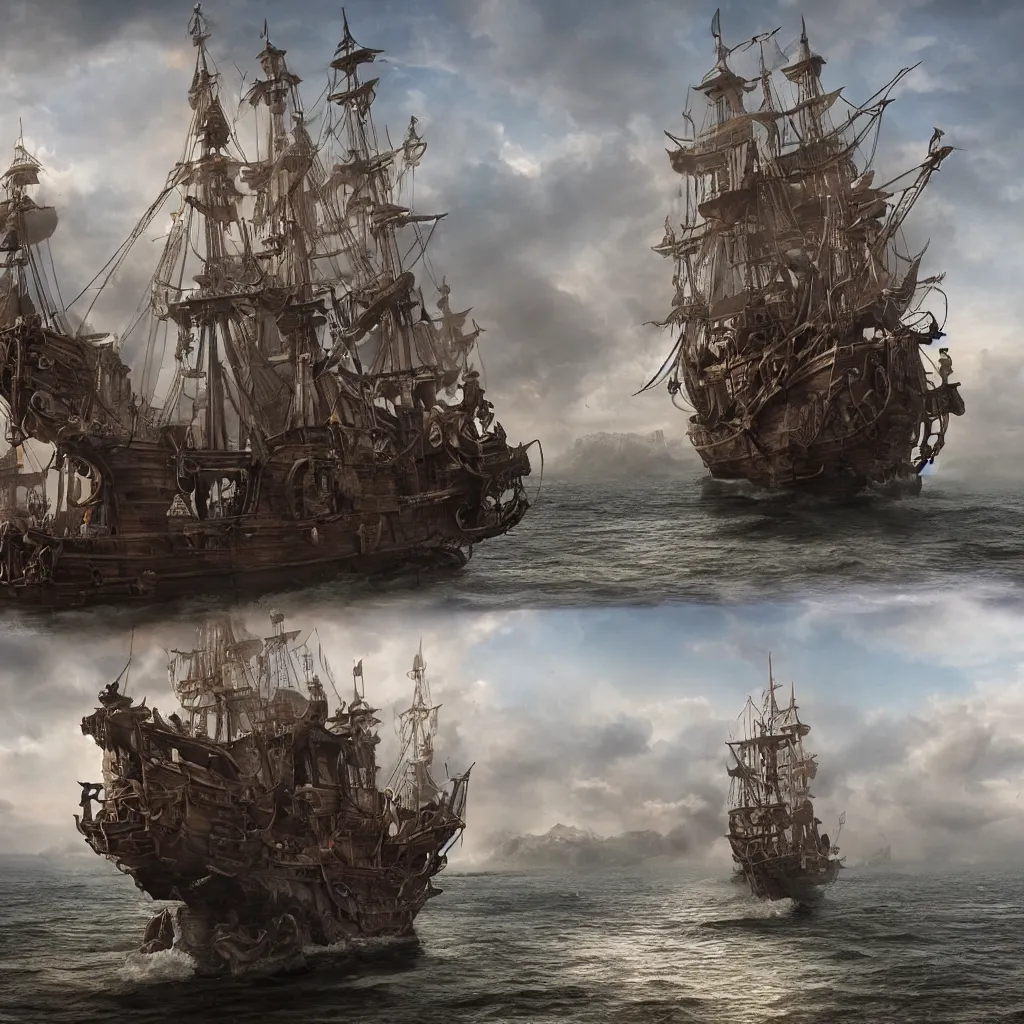 Prompt: a single highly detailed 4 k fantasy matte painting of. historically accurate. 3 d model of pirate ship. magic