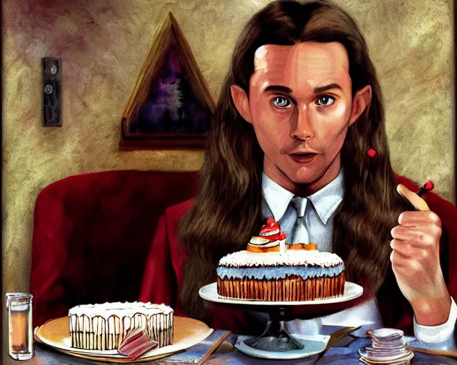 Prompt: Forrest gump eating a cake in hogwarts, digital art, highly detailed, in the style of David Villegas