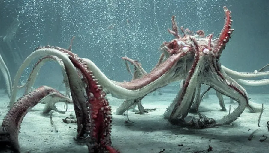 Prompt: Big budget horror movie set in an undersea biolab splattered with blood, where a giant squid attacks a cyborg