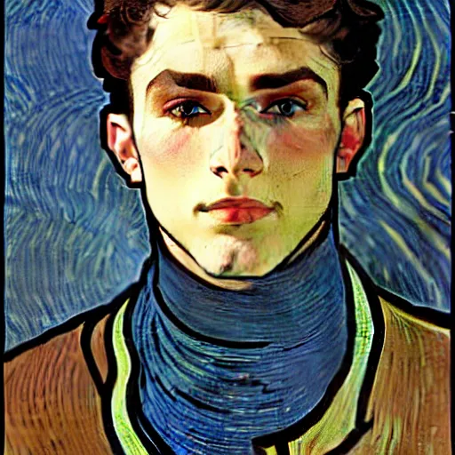 Prompt: portrait painting of young handsome beautiful human man with short messy dark brown hair and blue eyes and strong jawline and small scar under one eye in his 2 0 s named vidar, wearing armor!, modest, masculine jawline, squarish face shape, art by alphonse mucha, vincent van gogh, egon schiele,