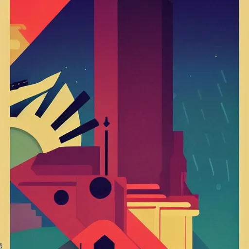 Prompt: an art deco painting by tom whalen, behance contest winner, retrofuturism, poster art, reimagined by industrial light & magic