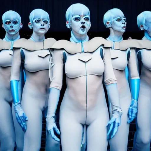 Prompt: troop of cloned freakshow women with white bob hairdos, tight light blue neopren suits, futuristic production facility, sci - fi, highly detailed, cinematic
