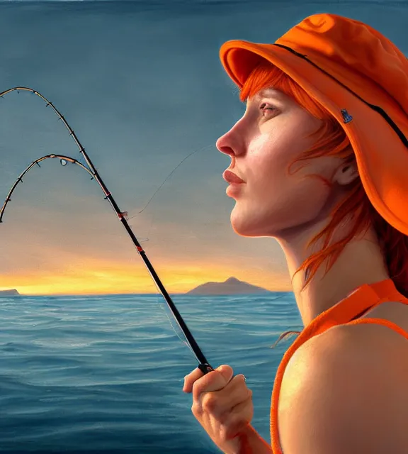 Prompt: muscular female fisherman angler at the end of a dock at sunset, perfect face, bucket hat, orange halter top, ginger hair, abs, cinematic, blush, stunning, athletic, strong, agile, highly detailed, psychedelic, digital painting, artstation, smooth, hard focus, illustration, art by jessica rossier and and brian froud