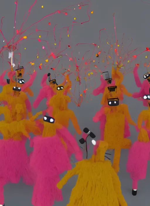 Image similar to group of giant sakura-colored people dancing made out of fluffy pipecleaners in the style of Jean-Michel Basquiat, 3D cinematic lighting, spotlight at a 90 DEGREE ANGLE, photorealism, octane render, depth of field, 8k, 35mm, artgem, Trending on artstation