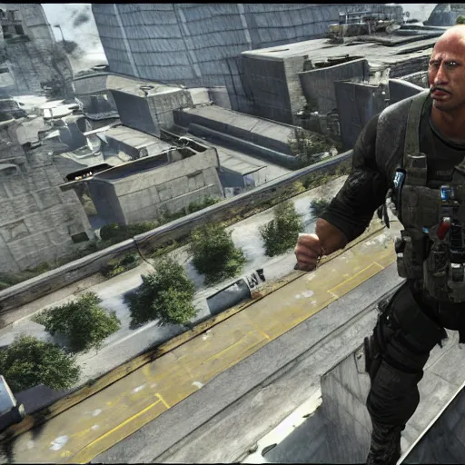 Image similar to dwayne the rock johnson, dwayne the rock johnson in the call of duty map highrise, modern warfare 2 highrise, screenshot