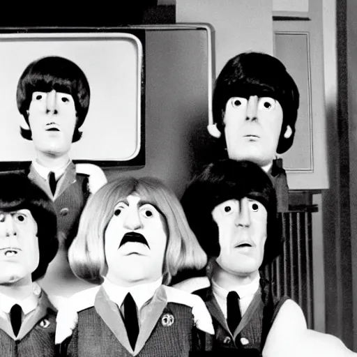 Image similar to stills from puppets movie by gerry anderson aboutt the beatles, vintage film, 1 9 6 0 s