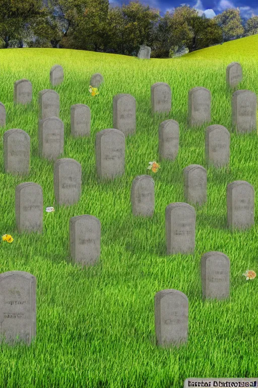Image similar to realistic detailed, 4 k windows xp bliss hills screensaver with a graveyard, with many gravestones