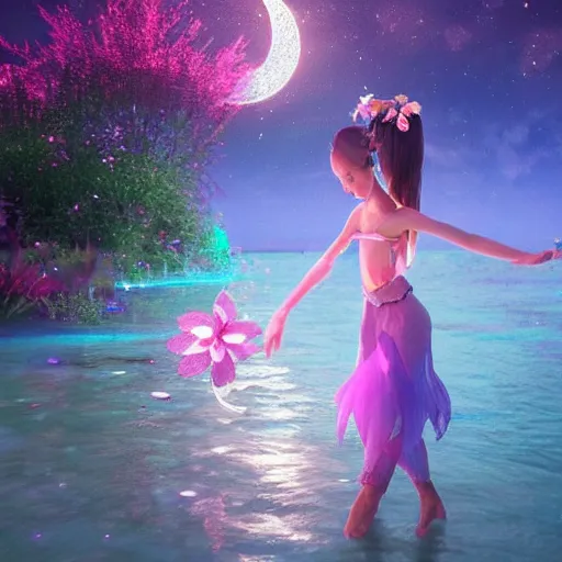 Prompt: a flower and magical fairy dancing in a river with de moon glow in the background vibrant lighting, octane render, trending on artstation, hyperrealistic, character photography