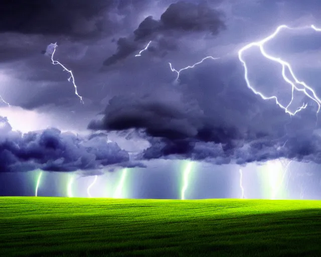 Image similar to windows xp bliss wallpaper, thunderstorm at night,