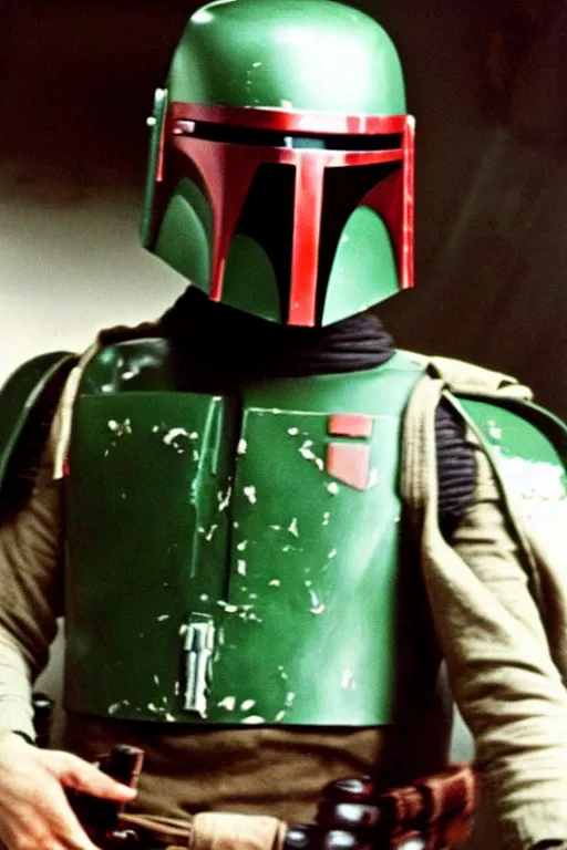 Prompt: boba fett helmet slashed open partially exposed face scowling. screenshot from 1977 Star Wars