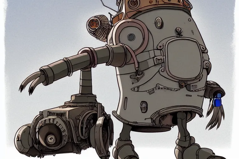 Image similar to a study of a cell shaded cartoon of a grey mechanized punk from howl's moving castle ( 2 0 0 4 ), on a desert road, full body, wide shot, very muted colors, post grunge, studio ghibli, laurie greasley, highly detailed, deviantart, art by artgem