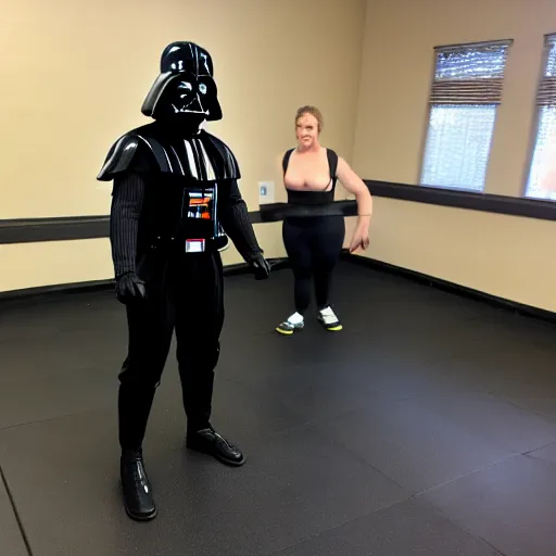 Image similar to Darth Vader in a unitard at Curves working out and doing aerobics