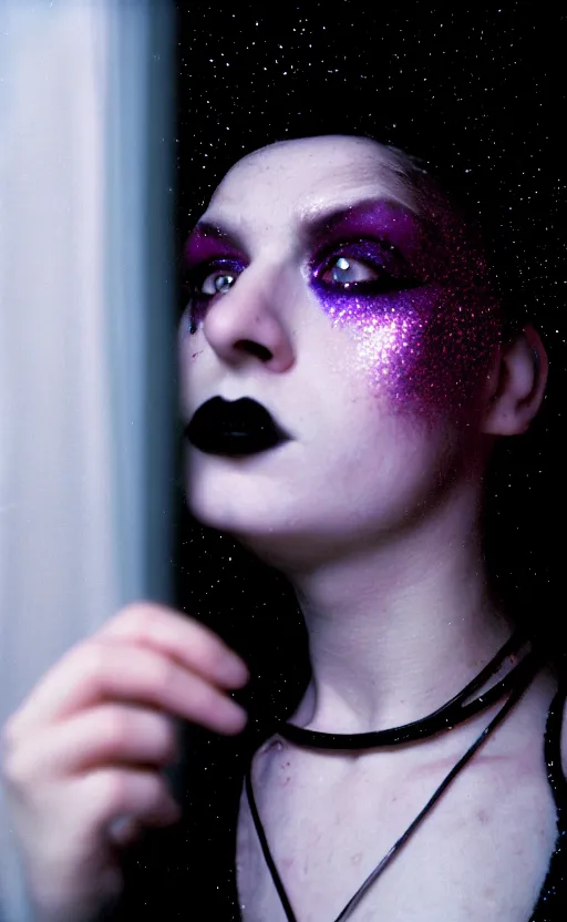 Prompt: cinestill 5 0 d candid photographic portrait by stanley kubrick of a feminine man wearing rugged black techwear and glitter goth girl makeup looking in the bathroom mirror, cramped new york apartment, extreme closeup, retrofuturism cyberpunk emotional cinematic, light and shadows, 8 k, hd, high resolution, 3 5 mm, f / 3 2, ultra realistic faces