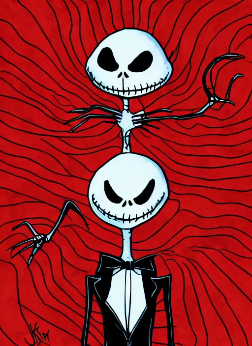 Image similar to jack skellington as a cosmic horror garfield with razor sharp teeth, red eyes, red teeth, digital art, lineart