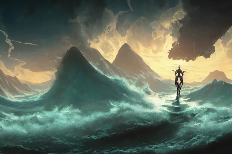 Image similar to fantasy landscape, riven, myst, a cyborg angel floating above the ocean, huge waves, clouds, stars, beautiful lighting, vivid colors, intricate, elegant, smooth, concept art, cinematic, unreal engine, wallpaper, by syd mead, terada katsuya, atey ghailan, svetlin velinov, makoto shinkai art style