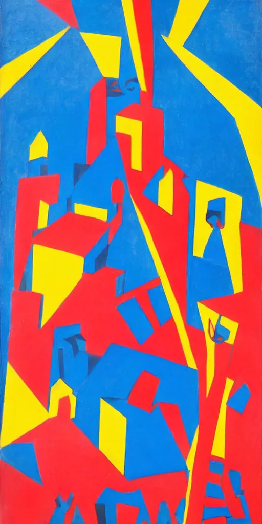 Image similar to A group of girls in red dresses were dancing beneath a cluster of collapsing tall buildings, and a strong light shone from the blue sky, Fortunato Depero painting style.