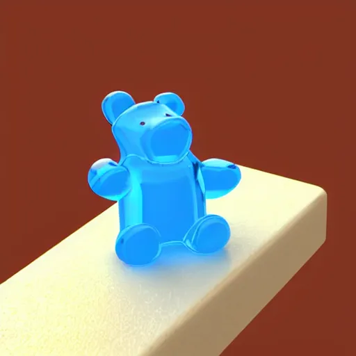 Prompt: render of blue gummy bear sitting on a chocolate bar