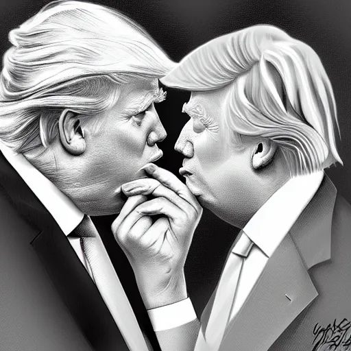 Image similar to a beautiful detailed digital art piece of boris johnson and donald trump kissing, visual art, deviantart, artstation, digital art