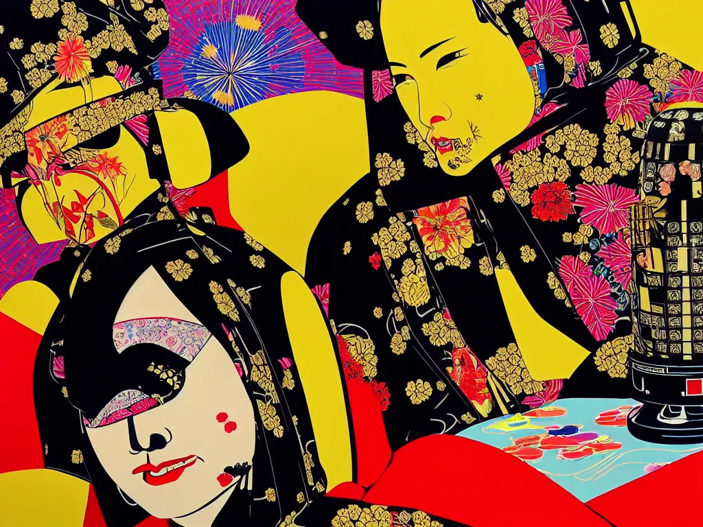 Image similar to hyperrealistic composition of the detailed woman in a japanese kimono sitting at a extremely detailed black jack table with golden darth vader, fireworks, mountain fuji on the background, pop - art style, jacky tsai style, andy warhol style, acrylic on canvas