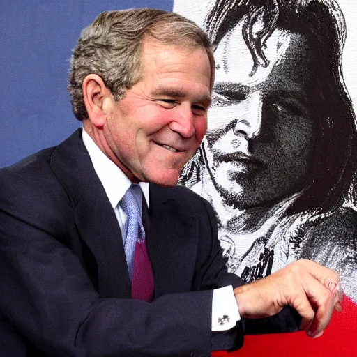 Prompt: george w bush painting a picture of johnny depp with wings