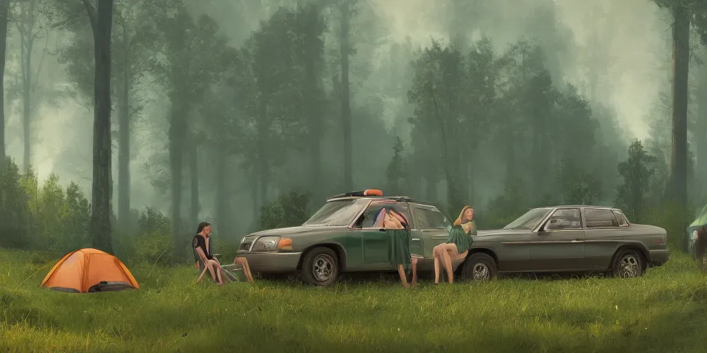 Image similar to two women camping next to green car, elegant scene, low angle, wide angle, indian forest, wide angle, cinematic, ultrarealistic, trending on artstation, cgsociety, highly detailed, color graded, rendered in unreal engine 4 k hq, matte painting, by simon stalenhag and hudson river school, horizon forbidden west