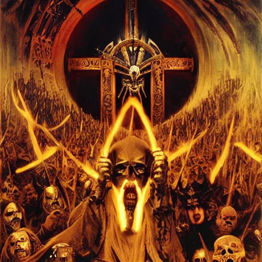 Image similar to dante's inferno, with people in black hooded tunic like in the film eyes wide shut of stanley kubrick, illuminati symbol, crows, skeletons, crosses, dark beauty, rotten gold, perfect faces, extremely detailed. highly detailed painting by gaston bussiere, craig mullins j. c. leyendecker 8 k