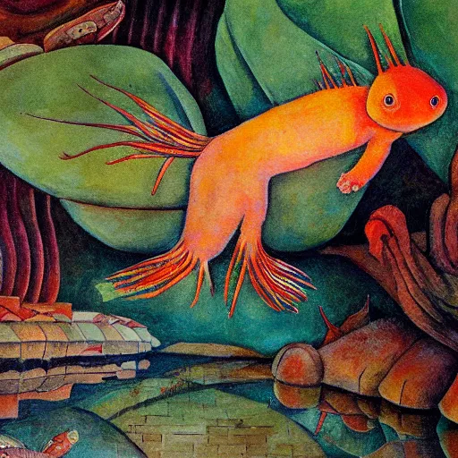 Image similar to axolotl swimming in a river with a quaint mexican village in the background painted by diego rivera