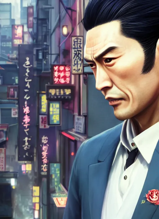 Image similar to highly detailed portrait of yakuza 0's kazuma kiryu, stephen bliss, unreal engine, greg rutkowski, loish, rhads, beeple, makoto shinkai and lois van baarle, ilya kuvshinov, rossdraws, tom bagshaw, alphonse mucha, global illumination, god rays, detailed and intricate environment