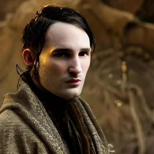 Image similar to portrait of the sandman morpheus ， no beard tom sturridge, and eyes like stars, rules dream world, with dream kingdom in the background,, wearing dark cloak