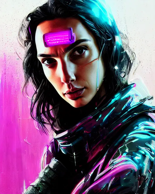 Image similar to detailed side profile portrait Gal Gadot, cyberpunk futuristic neon, reflective puffy coat, decorated with traditional Japanese ornaments by Ismail inceoglu dragan bibin hans thoma greg rutkowski Alexandros Pyromallis Nekro Rene Maritte Illustrated, Perfect face, fine details, realistic shaded, fine-face, pretty face