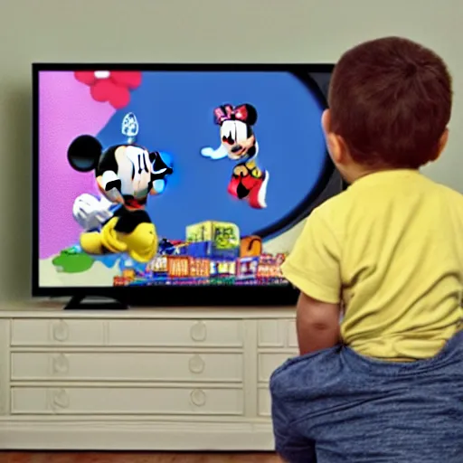 Prompt: Drake watching mickey mouse clubhouse on his tv and laughing