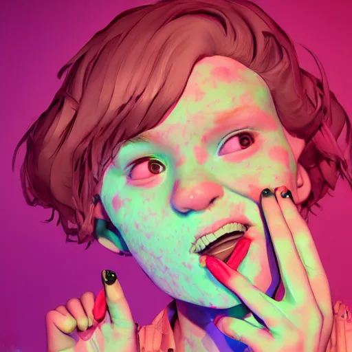 Image similar to born again christian tiktok influencer eating melting crayons and winking to their followers, in the style of james jean, artstation trending, 8 k, 3 d render, photorealistic, volumetric lighting caustics, pink