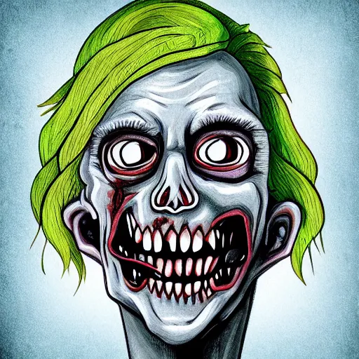 Image similar to smiling zombie portrait, digital art