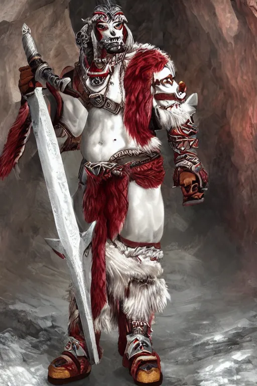 Prompt: a tauren warrior colaked in white with swords, standing in light beam of a dark cave, ruby red sorrow, high quality, ultra detail