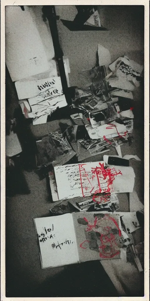 Prompt: analog photograph polaroid of notebook pages, scrapbook, photos and text, scribbles, scary, diy, zine, serial killer writing, black ink, red color bleed, pinup photos, film grain, composition