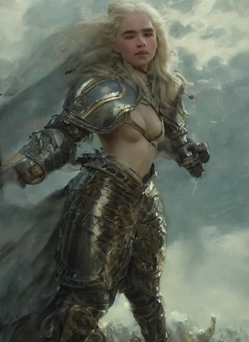 Image similar to short muscular blonde woman wearing realistic medieval armour, emilia clarke, detailed by gaston bussiere, bayard wu, greg rutkowski, maxim verehin, greg rutkowski, masterpiece, sharp focus, cinematic lightning