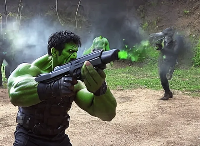 Image similar to film still of hulk playing paintball in the new avengers movie, 4 k