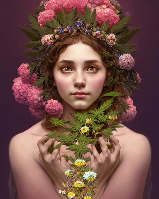 Image similar to portrait of goddess gaea, flowery face, upper body, decorated with cannabis flowers, intricate, elegant, highly detailed, digital painting, artstation, concept art, smooth, sharp focus, illustration, art by artgerm and greg rutkowski and alphonse mucha, 8 k