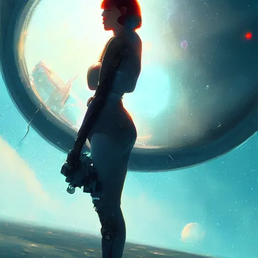 Image similar to female alone in outer space by greg rutkowski, ultradetailed digital painting, 🍑, 8 k, realism, intriguing