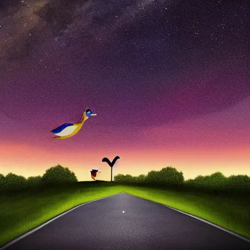 Prompt: a lonely duck walking on the road and looking up at the sky, milky way, starry sky, art station trend
