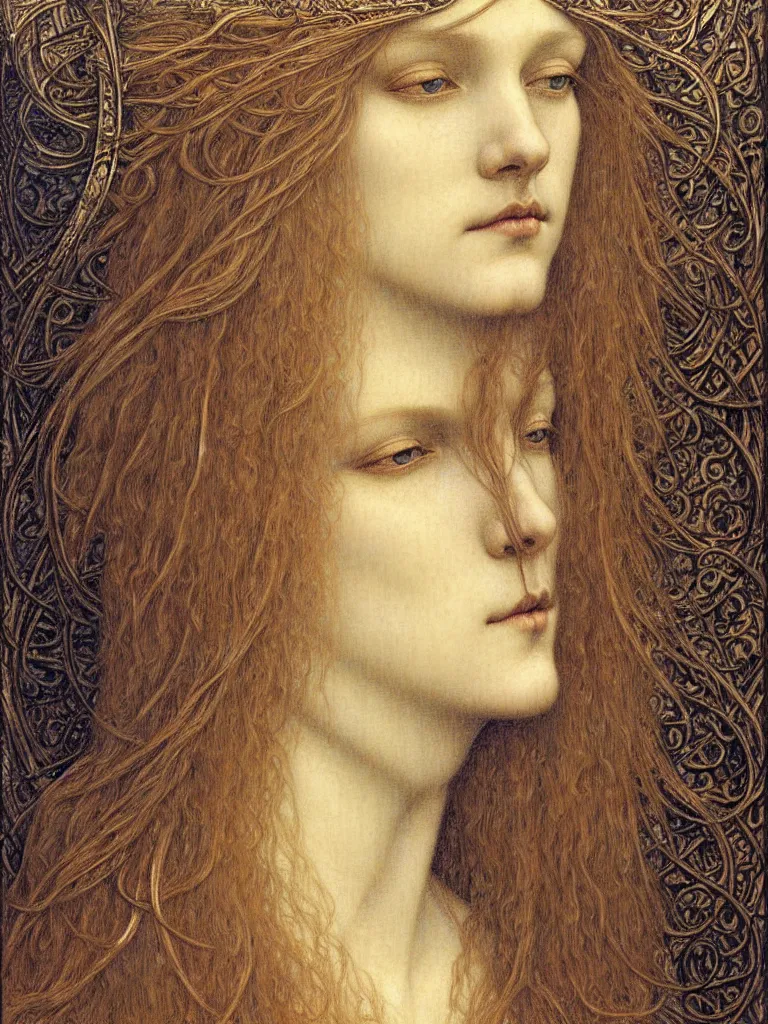 Image similar to detailed realistic beautiful young medieval queen face portrait by jean delville, gustave dore and marco mazzoni, art nouveau, symbolist, visionary, gothic, pre - raphaelite. horizontal symmetry