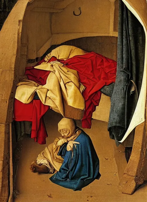 Image similar to Unconscious 10 years old boy dressed in some rags curled up into a ball, he clung to the side of the wagon, medieval painting by Jan van Eyck, Florence