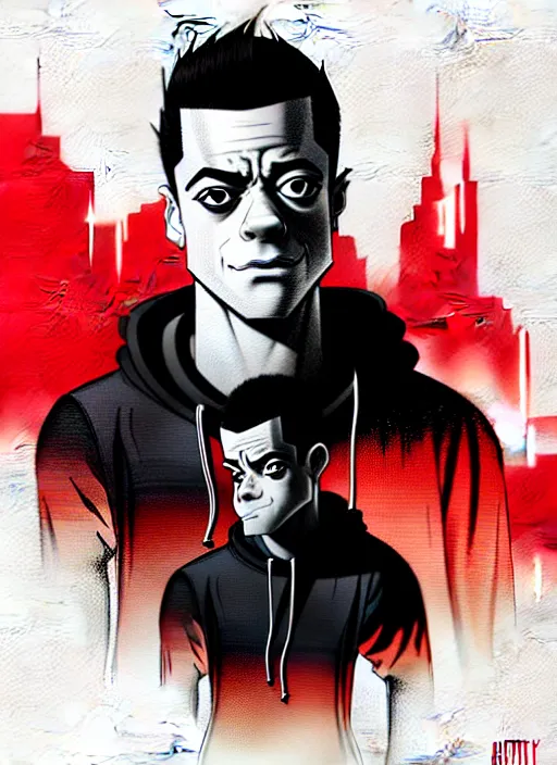 Image similar to highly detailed closeup portrait of rami malek, elliot alderson, black hoody by atey ghailan, by greg rutkowski, by greg tocchini, by james gilleard, by joe fenton, by kaethe butcher, gradient red, black and white color scheme, grunge aesthetic!!! ( ( graffiti tag wall background ) )