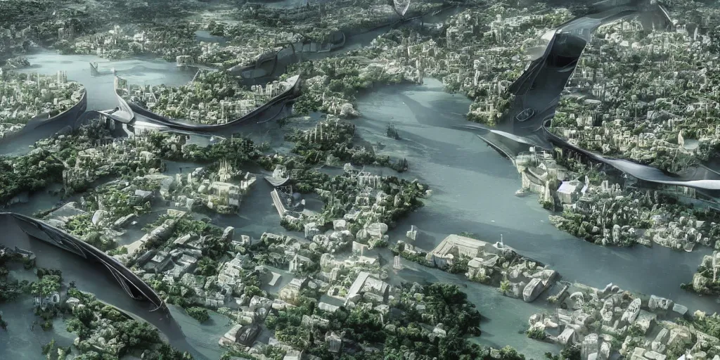 Image similar to the future capital city of liberland, epic scene from vfx scifi by christopher nolan