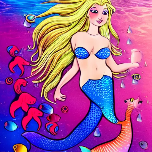 Image similar to detailed photo of alluring blonde mermaid riding a colorful seahorse underwater surrounded by fish