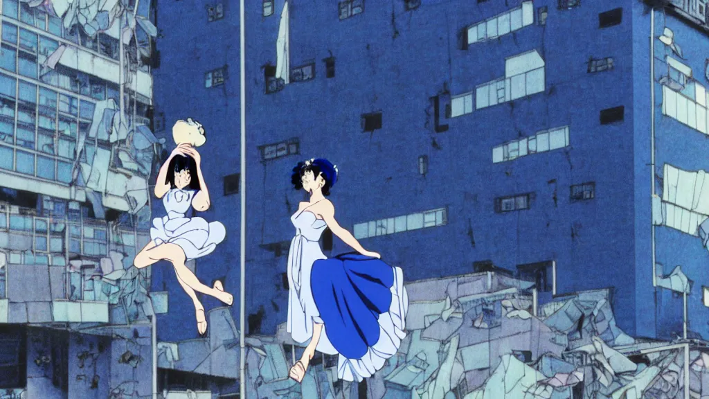 Image similar to a woman in a blue dress wearing a blue swan mask falling from a building in Tokyo , film still from the an anime directed by Katsuhiro Otomo with art direction by Salvador Dalí, wide lens