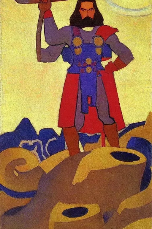 Image similar to thor holding the hammer, marvel, artwork by nicholas roerich,