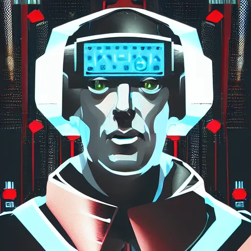 Image similar to cyberpunk paul verhoeven as the leader of a futuristic communist nation, cybernetics, sharp lines, digital, artstation, colored in