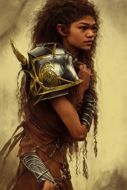 Prompt: zendaya, legendary warrior, heroic fighter, lord of the rings, tattoos, decorative ornaments, battle armor, omar ortiz, carl spitzweg, ismail inceoglu, vdragan bibin, hans thoma, greg rutkowski, alexandros pyromallis, perfect face, sharply detailed, centered, rule of thirds, realistic shading, photorealism